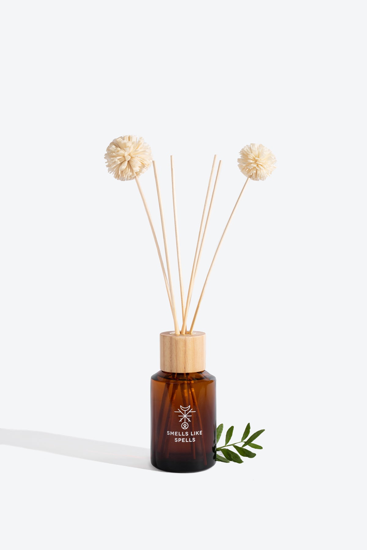 THOR diffuser bottle with rattan sticks and sola wood flower on a shelf