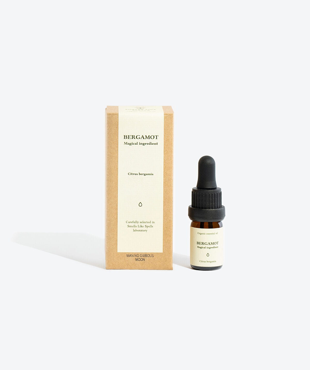 BERGAMOT essential oil bottle, label showing Citrus bergamia