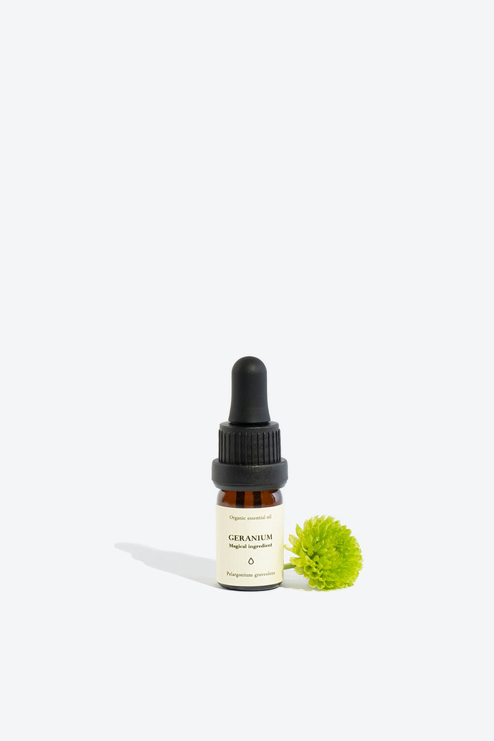 Geranium essential oil bottle, front view