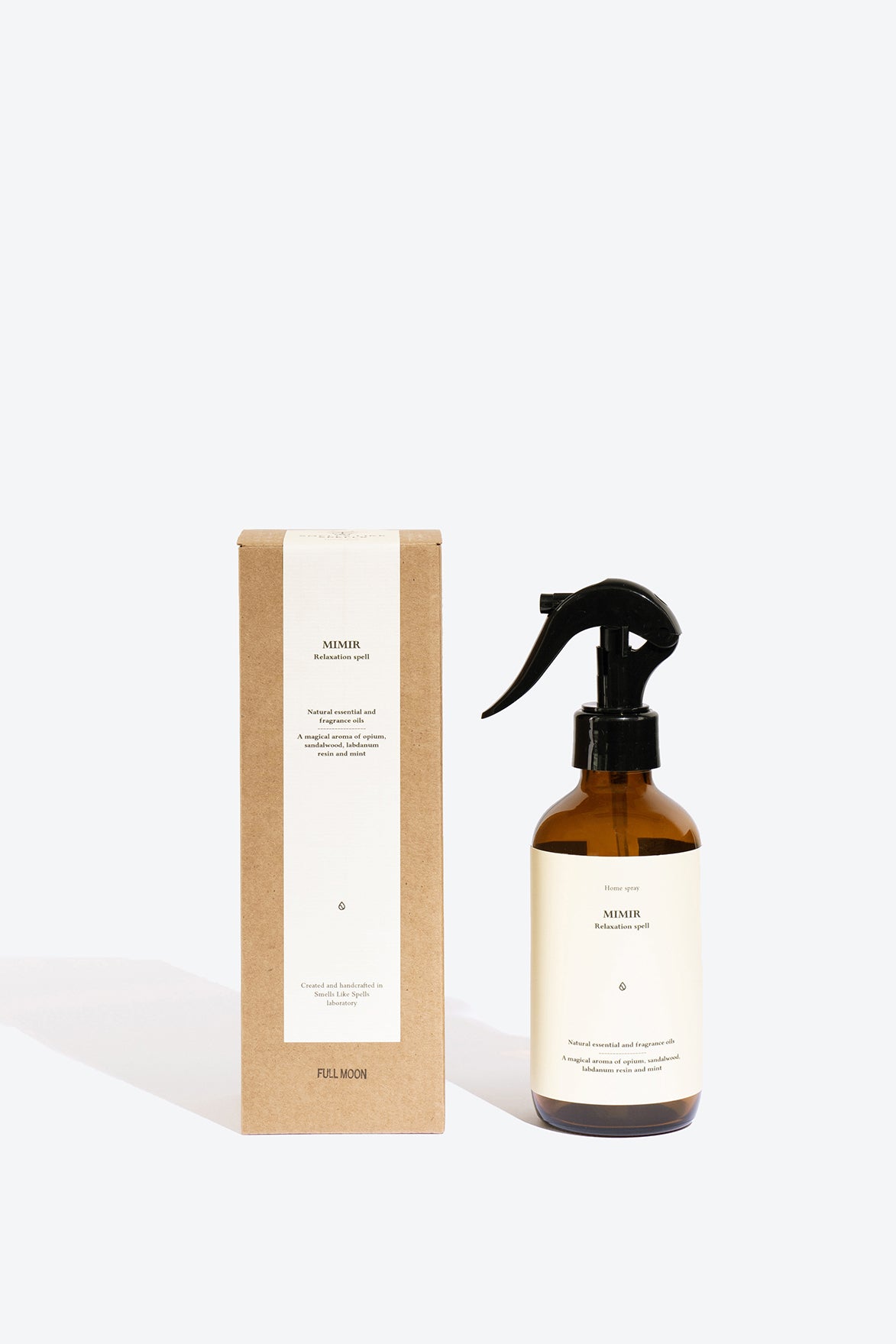 Close-up of MIMIR home spray bottle and label