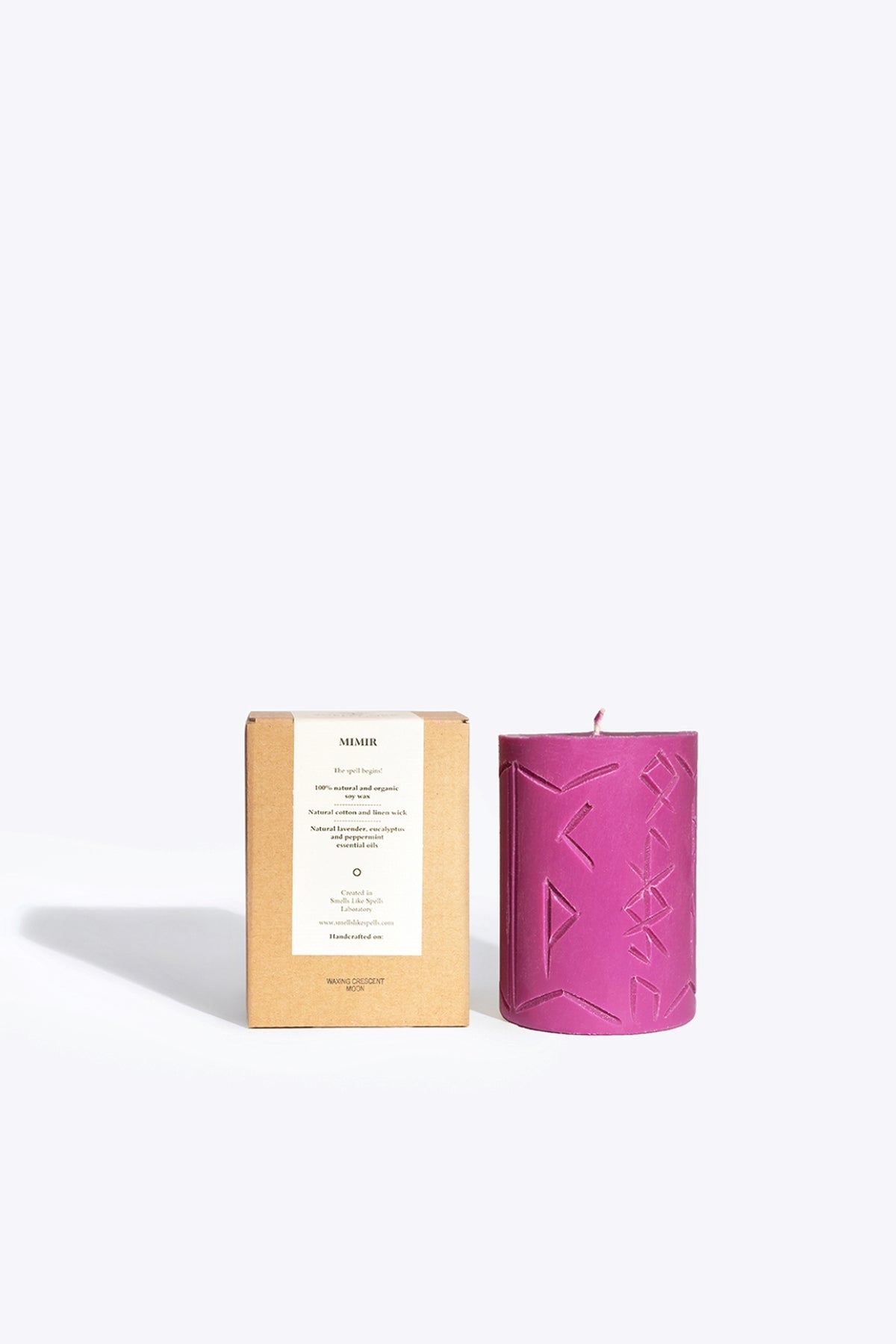 MIMIR soy wax rune candle, front view showing carved rune symbol