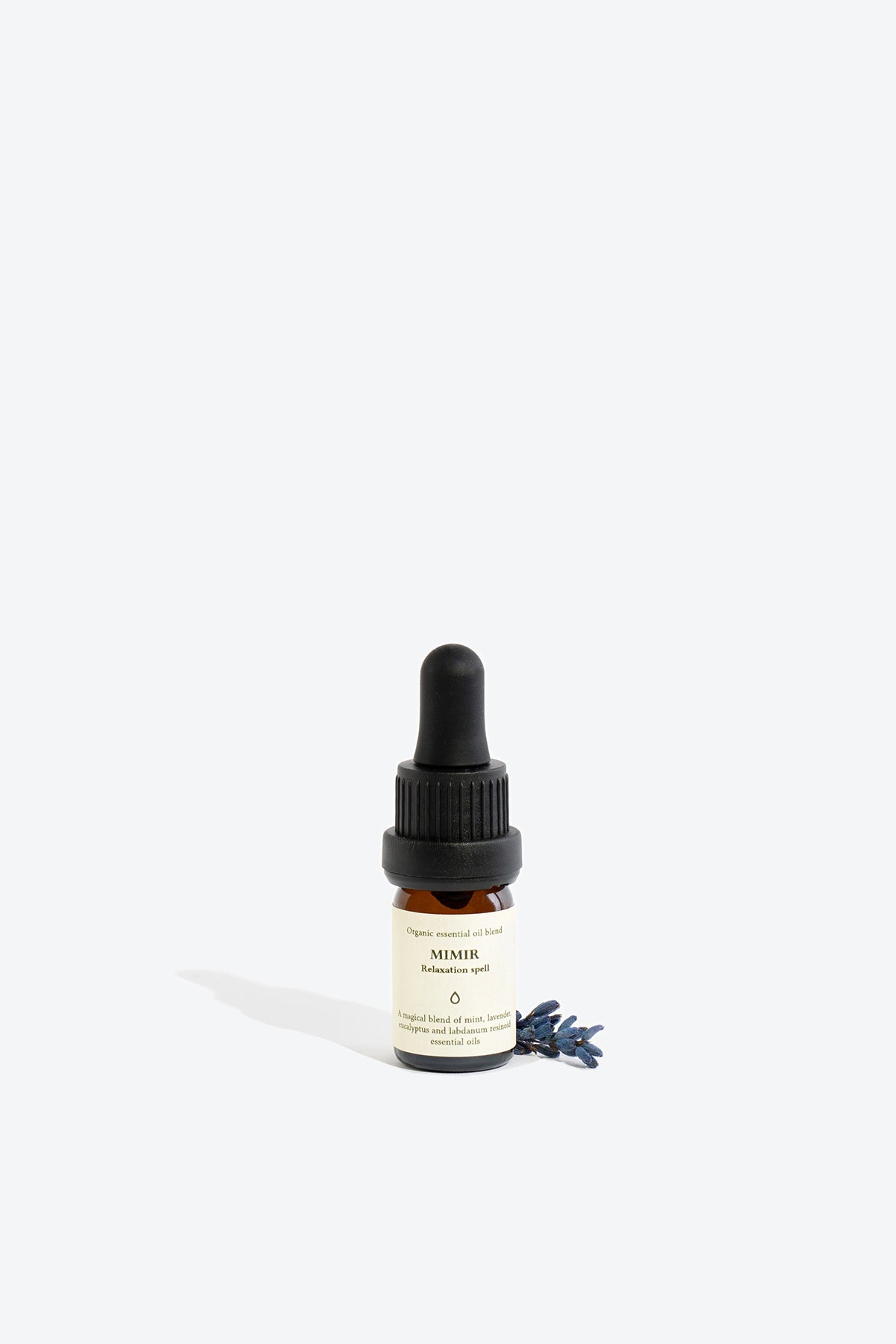 MIMIR essential oil blend, 5ml glass bottle with pipette, front view