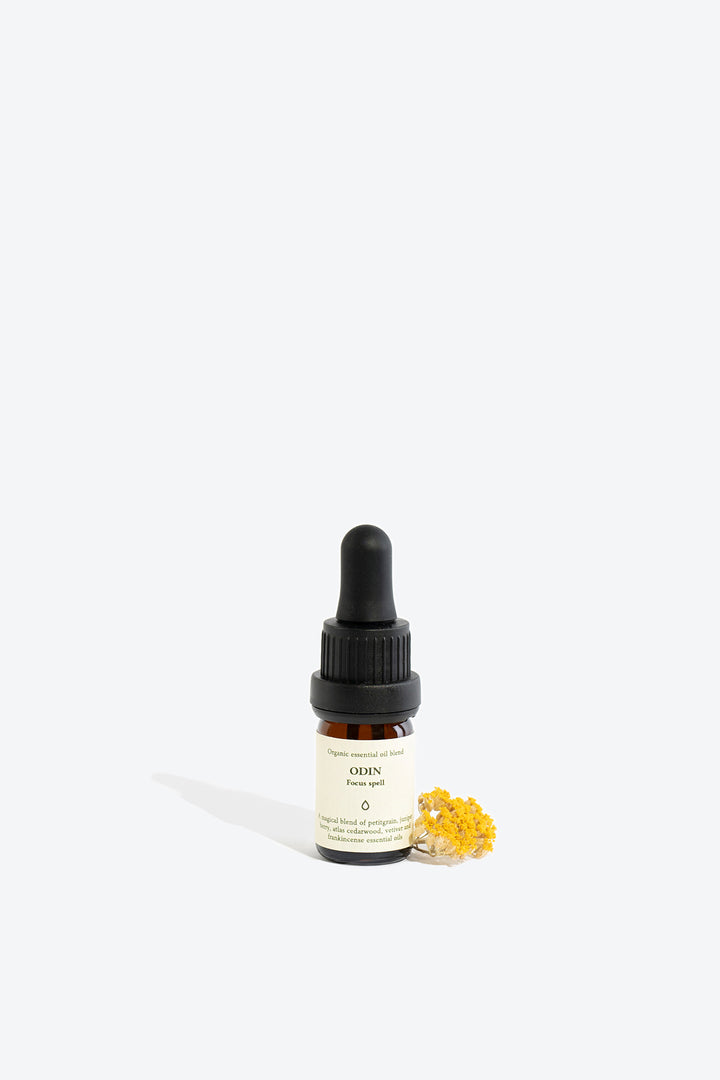ODIN essential oil blend, 5ml glass bottle with pipette, front view