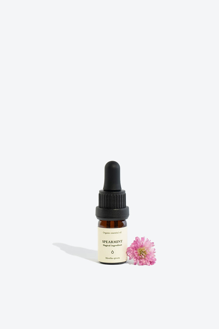 Spearmint essential oil bottle, front view