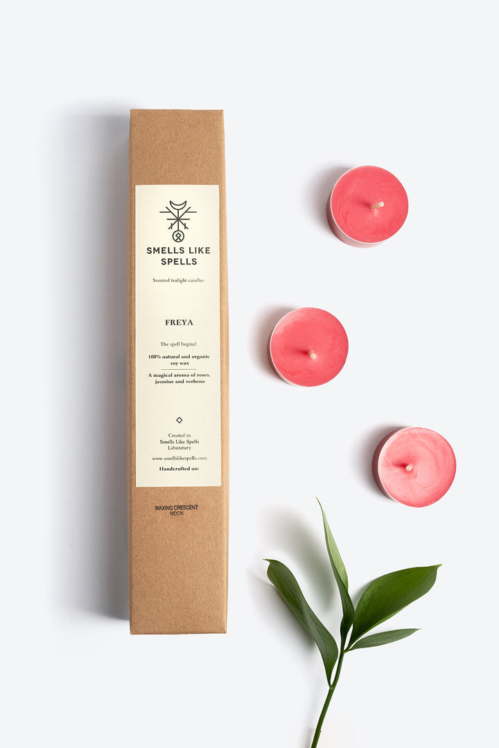 Set of FREYA soy wax tealight candles, front view