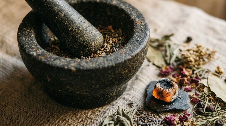 Mortar and pestle with dried herbs and botanicals